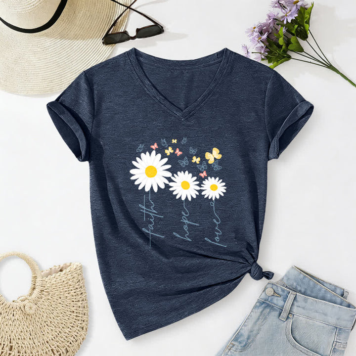 Christianartworkshop Faith Hope Love Daisy Butterfly Floral Print Casual V-neck T-shirt - Navy Blue - 2XL - image 10