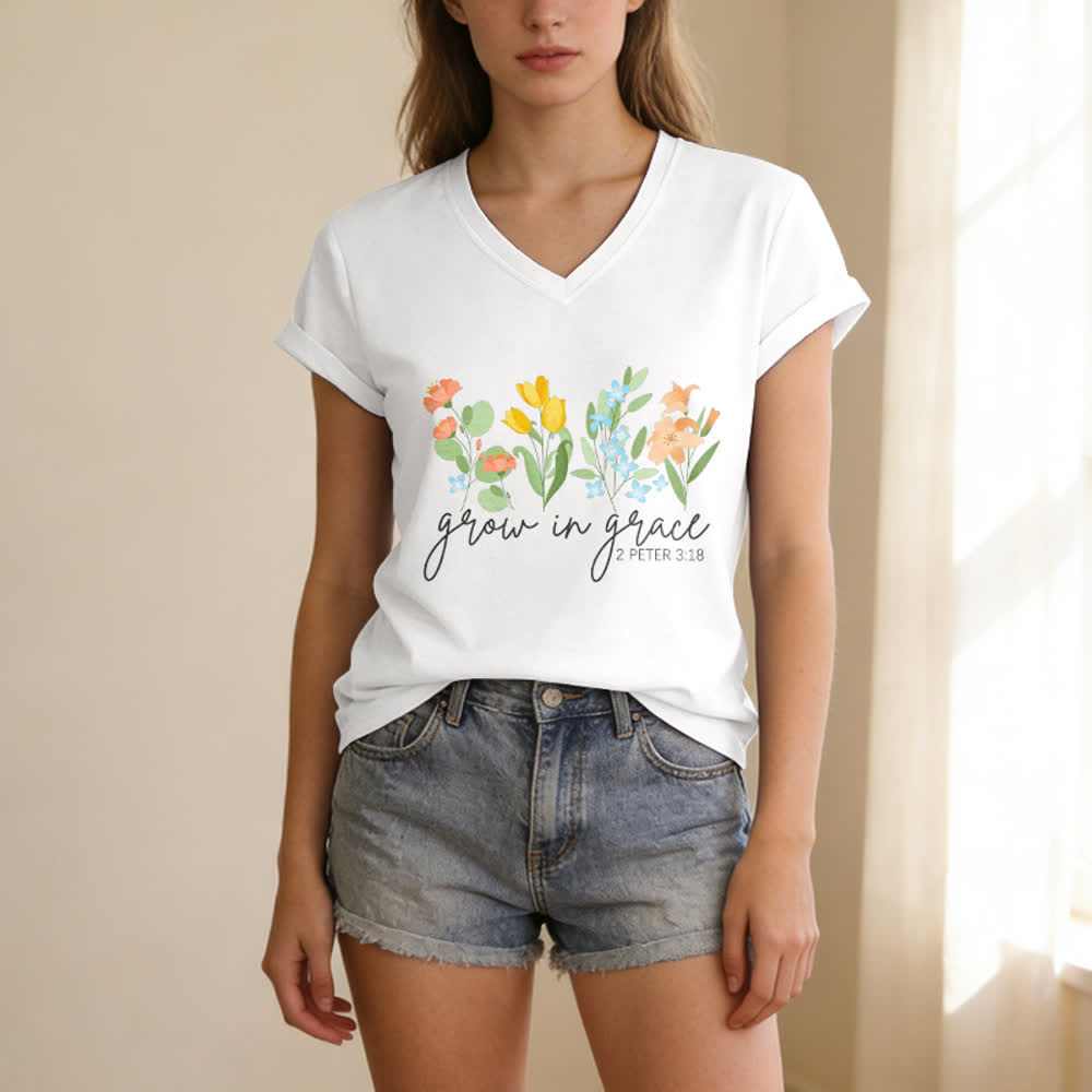 Christianartworkshop Grow In Grace 2 Peter 3:18 Floral Letter Print Casual V-neck T-shirt - image 5