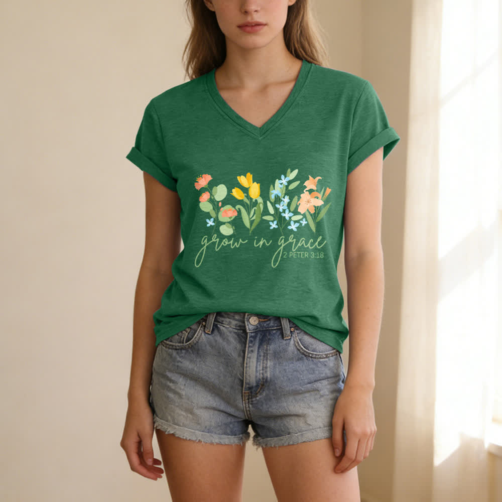 Christianartworkshop Grow In Grace 2 Peter 3:18 Floral Letter Print Casual V-neck T-shirt - image 11
