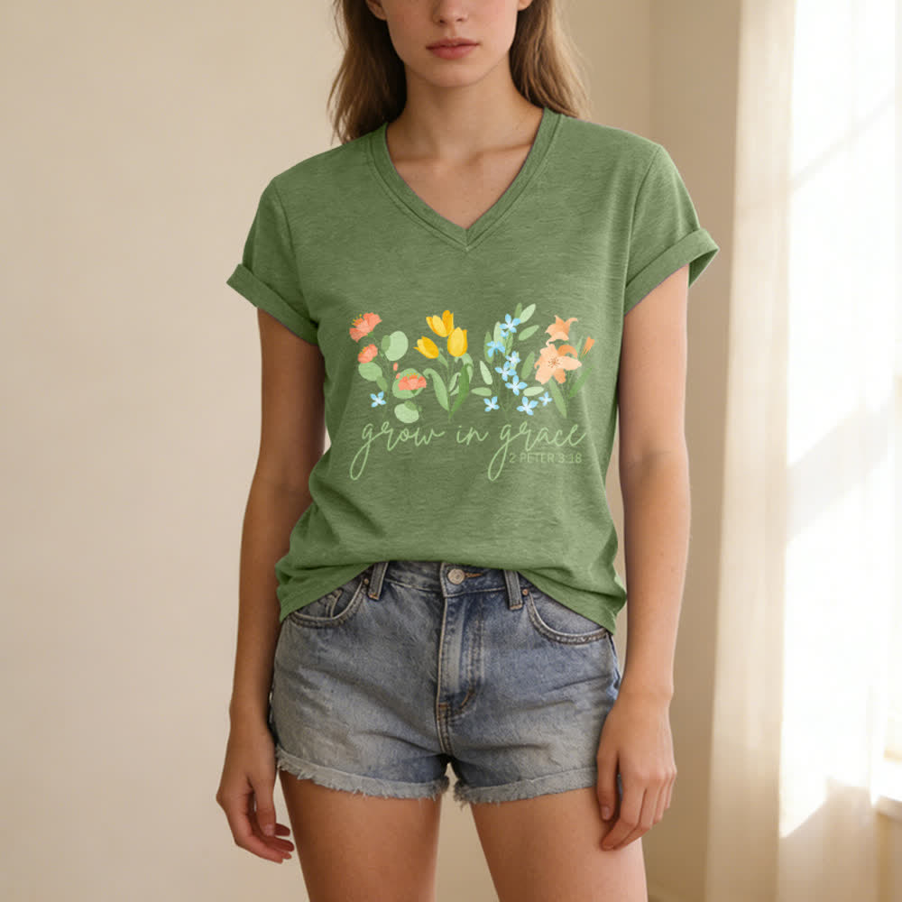 Christianartworkshop Grow In Grace 2 Peter 3:18 Floral Letter Print Casual V-neck T-shirt - image 9