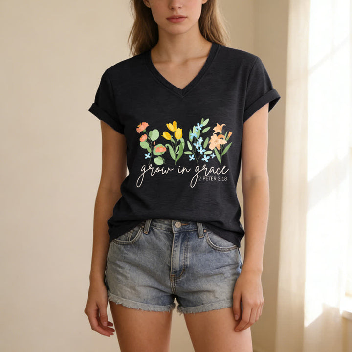 Christianartworkshop Grow In Grace 2 Peter 3:18 Floral Letter Print Casual V-neck T-shirt - image 13