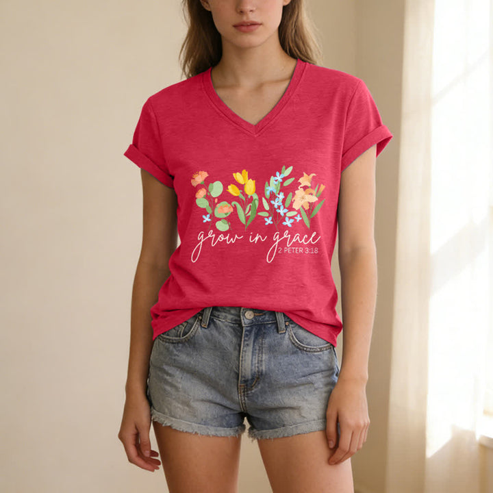 Christianartworkshop Grow In Grace 2 Peter 3:18 Floral Letter Print Casual V-neck T-shirt - image 15