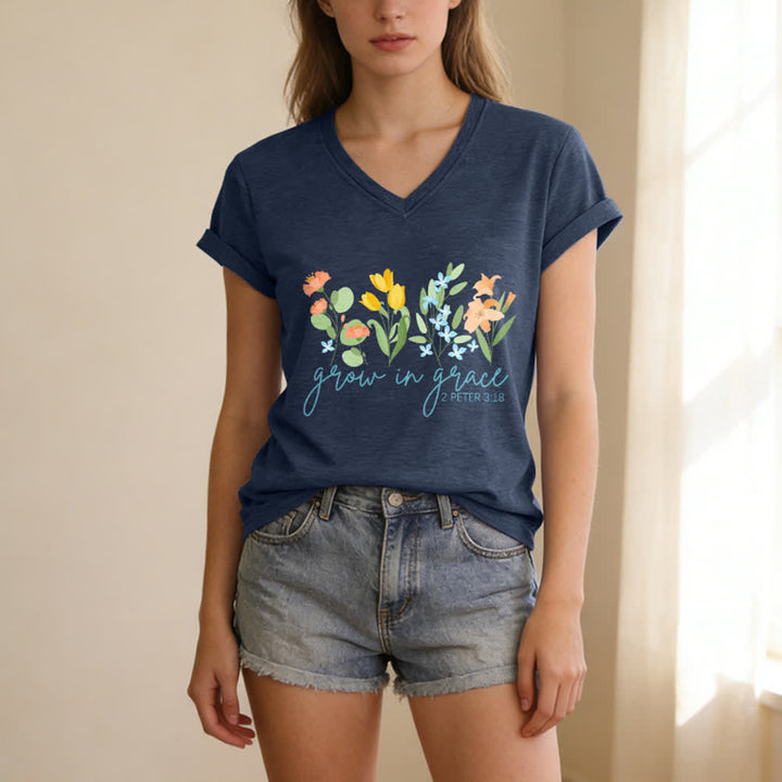 Christianartworkshop Grow In Grace 2 Peter 3:18 Floral Letter Print Casual V-neck T-shirt - image 1