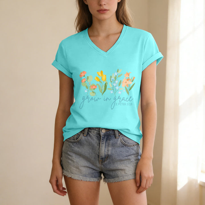 Christianartworkshop Grow In Grace 2 Peter 3:18 Floral Letter Print Casual V-neck T-shirt - image 21