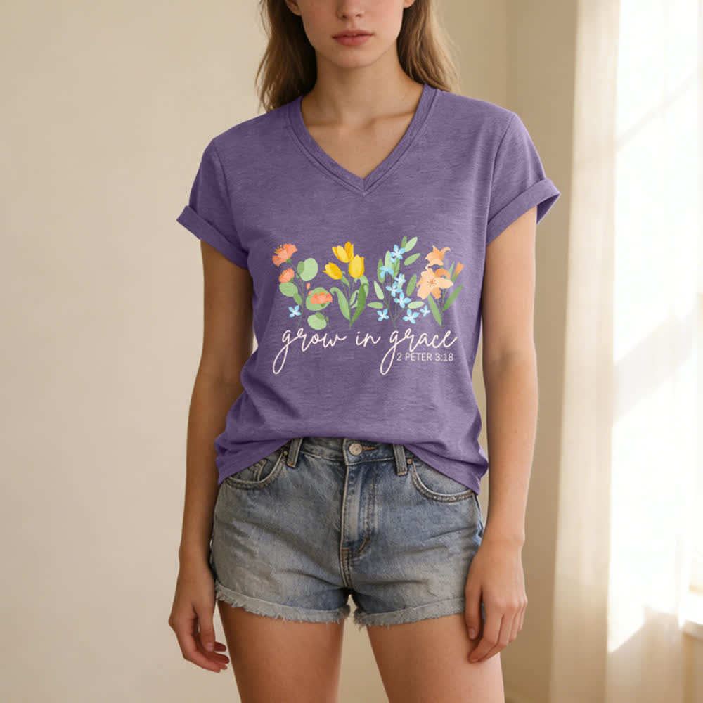 Christianartworkshop Grow In Grace 2 Peter 3:18 Floral Letter Print Casual V-neck T-shirt - image 17