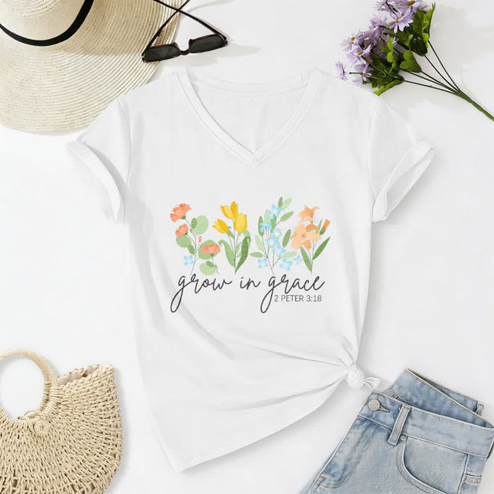 Christianartworkshop Grow In Grace 2 Peter 3:18 Floral Letter Print Casual V-neck T-shirt - White - 2XL - image 4