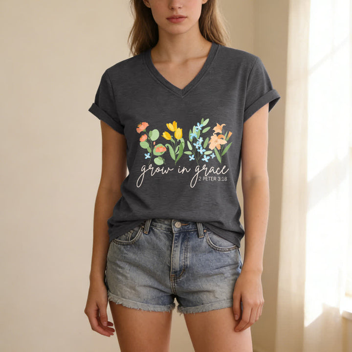 Christianartworkshop Grow In Grace 2 Peter 3:18 Floral Letter Print Casual V-neck T-shirt - image 7