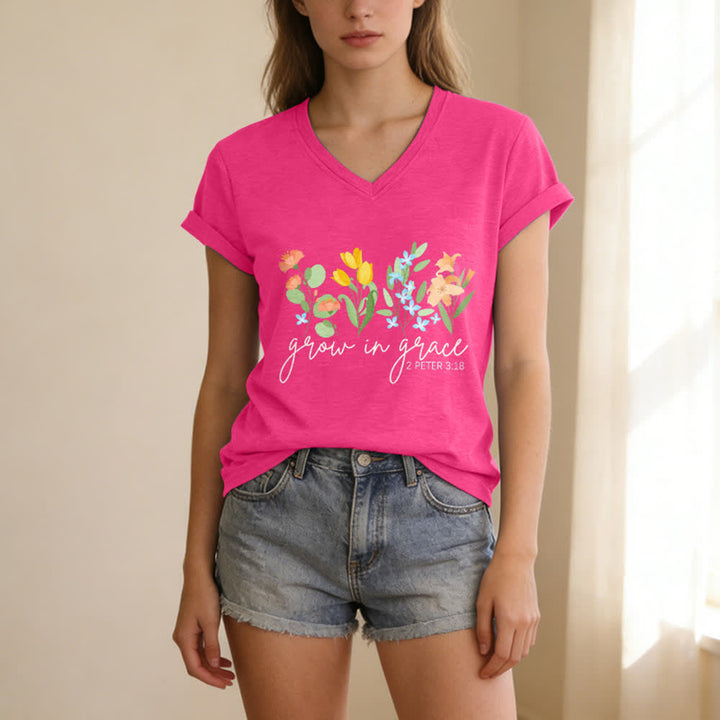 Christianartworkshop Grow In Grace 2 Peter 3:18 Floral Letter Print Casual V-neck T-shirt - image 23