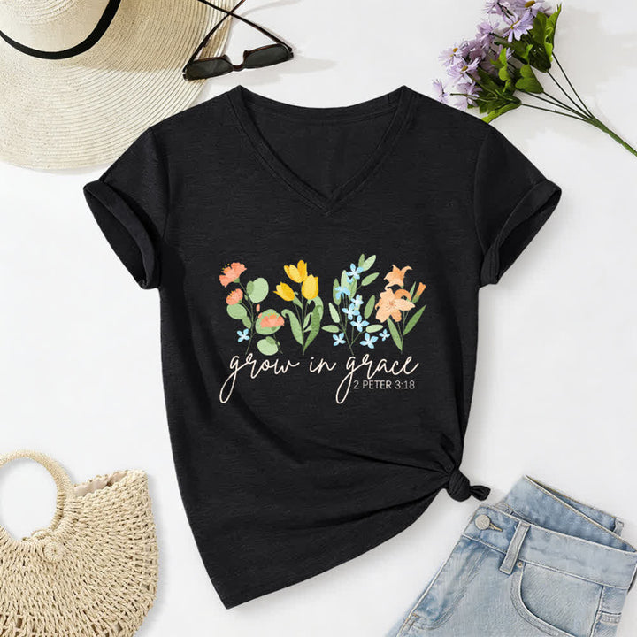 Christianartworkshop Grow In Grace 2 Peter 3:18 Floral Letter Print Casual V-neck T-shirt - Black - 2XL - image 12