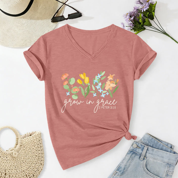 Christianartworkshop Grow In Grace 2 Peter 3:18 Floral Letter Print Casual V-neck T-shirt - Light Pink - 2XL - image 18