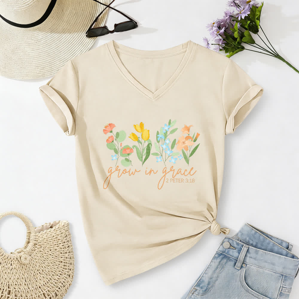 Christianartworkshop Grow In Grace 2 Peter 3:18 Floral Letter Print Casual V-neck T-shirt - Beige - 2XL - image 2