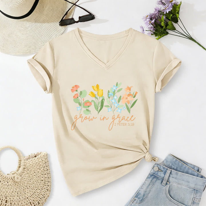 Christianartworkshop Grow In Grace 2 Peter 3:18 Floral Letter Print Casual V-neck T-shirt - Beige - 2XL - image 2