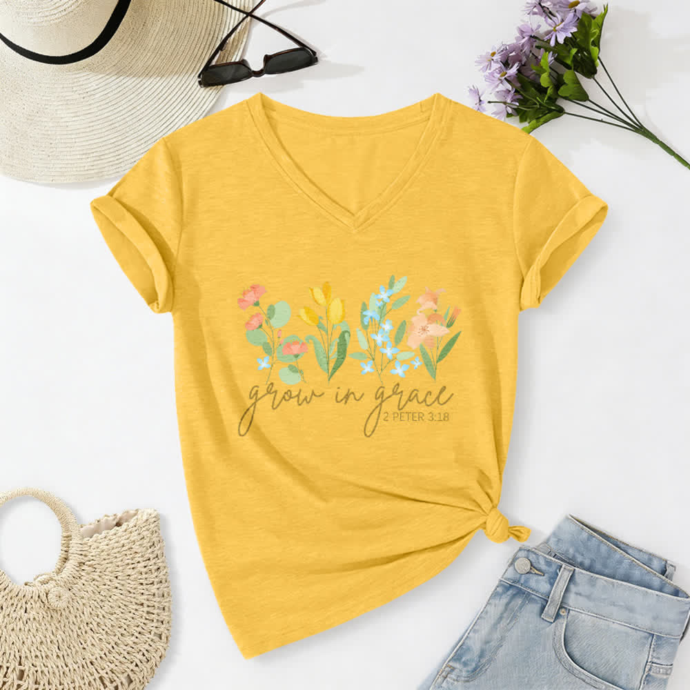 Christianartworkshop Grow In Grace 2 Peter 3:18 Floral Letter Print Casual V-neck T-shirt - Yellow - 2XL - image 24