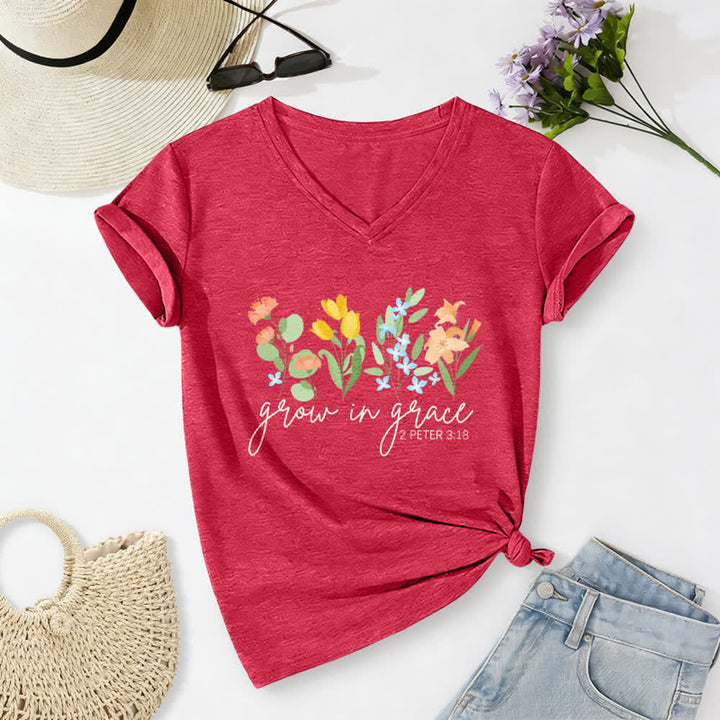 Christianartworkshop Grow In Grace 2 Peter 3:18 Floral Letter Print Casual V-neck T-shirt - Red - 2XL - image 14