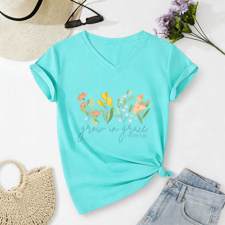 Christianartworkshop Grow In Grace 2 Peter 3:18 Floral Letter Print Casual V-neck T-shirt - Sky Blue - 2XL - image 20