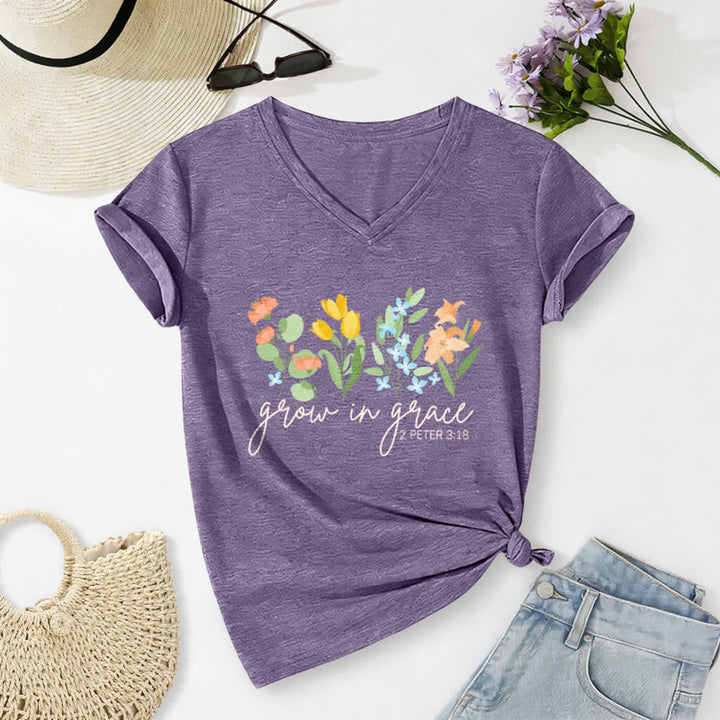 Christianartworkshop Grow In Grace 2 Peter 3:18 Floral Letter Print Casual V-neck T-shirt - Purple - 2XL - image 16