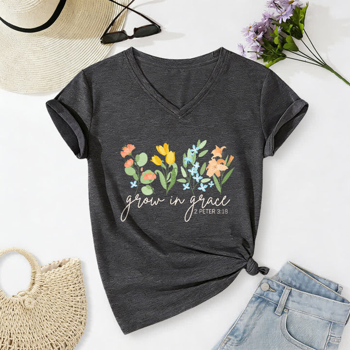 Christianartworkshop Grow In Grace 2 Peter 3:18 Floral Letter Print Casual V-neck T-shirt - Dark Grey - 2XL - image 6