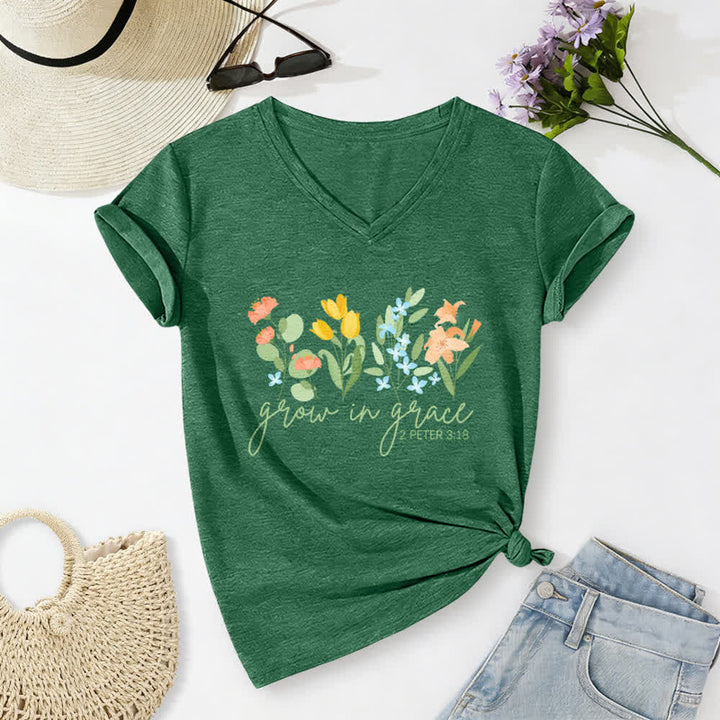 Christianartworkshop Grow In Grace 2 Peter 3:18 Floral Letter Print Casual V-neck T-shirt - Dark Green - 2XL - image 10
