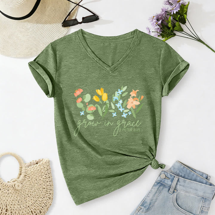 Christianartworkshop Grow In Grace 2 Peter 3:18 Floral Letter Print Casual V-neck T-shirt - Olive Green - 2XL - image 8