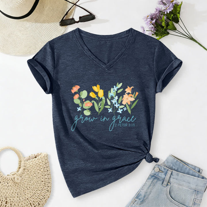 Christianartworkshop Grow In Grace 2 Peter 3:18 Floral Letter Print Casual V-neck T-shirt - Navy Blue - 2XL - image 0