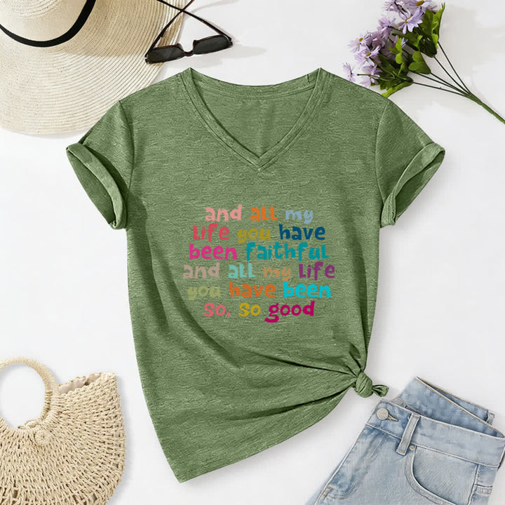 Christianartworkshop And All My Life You Have Been Faithful Colorful Letter Print Casual V-neck T-shirt - Olive Green - 2XL - image 6