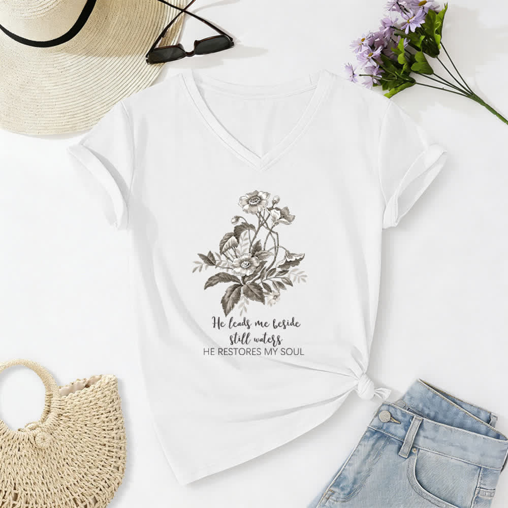 Christianartworkshop He Leads Me Beside Still Waters Floral Letter Print Casual V-neck T-shirt - White - 2XL - image 4