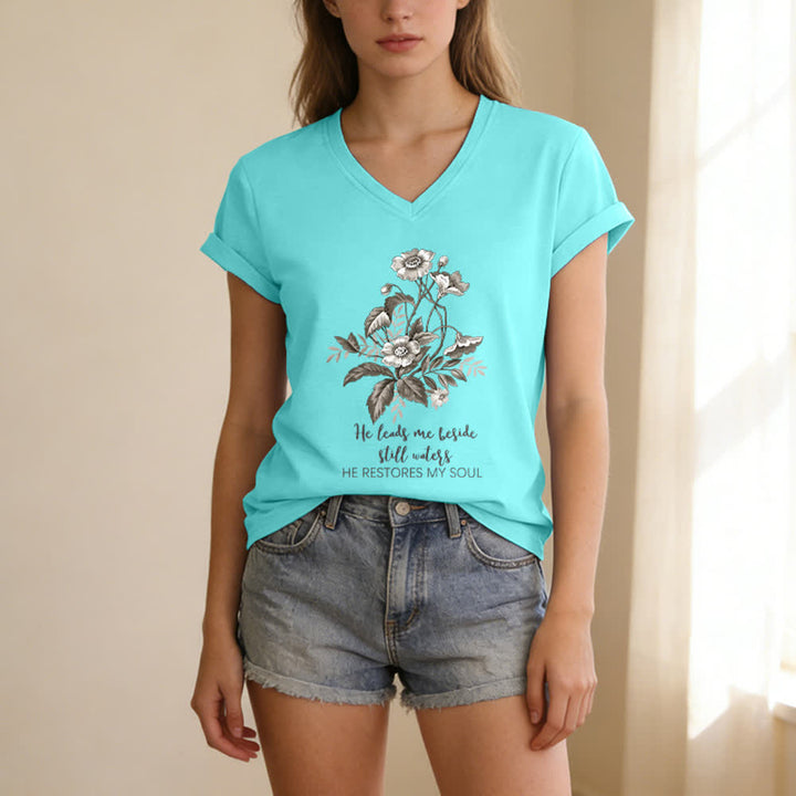 Christianartworkshop He Leads Me Beside Still Waters Floral Letter Print Casual V-neck T-shirt - image 23