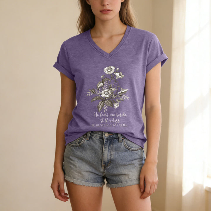 Christianartworkshop He Leads Me Beside Still Waters Floral Letter Print Casual V-neck T-shirt - image 19