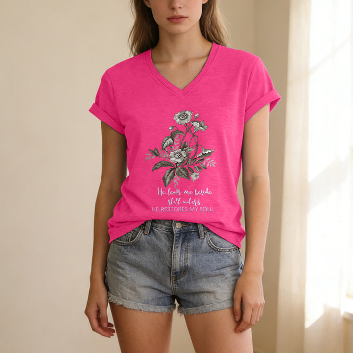 Christianartworkshop He Leads Me Beside Still Waters Floral Letter Print Casual V-neck T-shirt - image 25