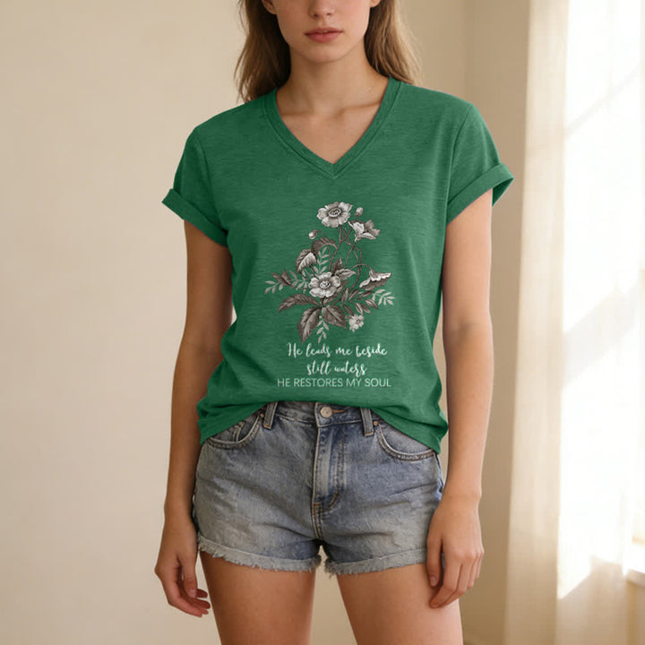 Christianartworkshop He Leads Me Beside Still Waters Floral Letter Print Casual V-neck T-shirt - image 13