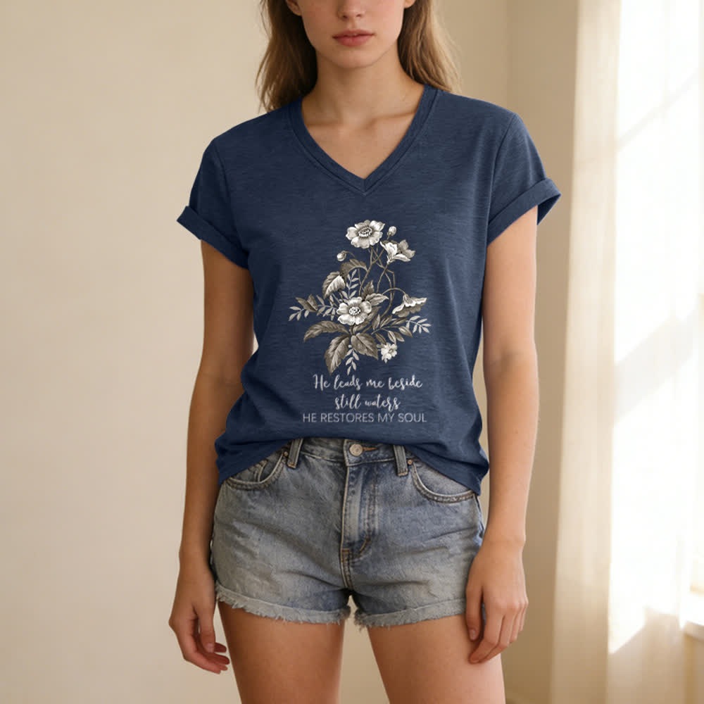 Christianartworkshop He Leads Me Beside Still Waters Floral Letter Print Casual V-neck T-shirt - image 11