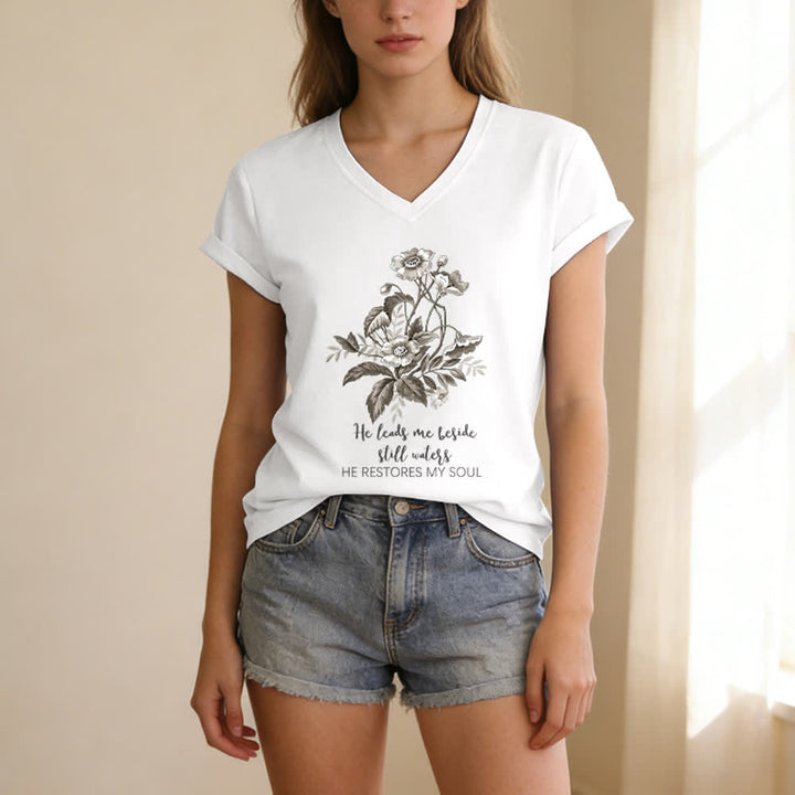 Christianartworkshop He Leads Me Beside Still Waters Floral Letter Print Casual V-neck T-shirt - image 5