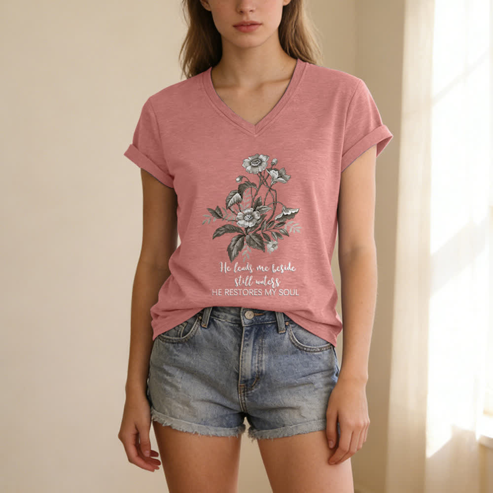 Christianartworkshop He Leads Me Beside Still Waters Floral Letter Print Casual V-neck T-shirt - image 21