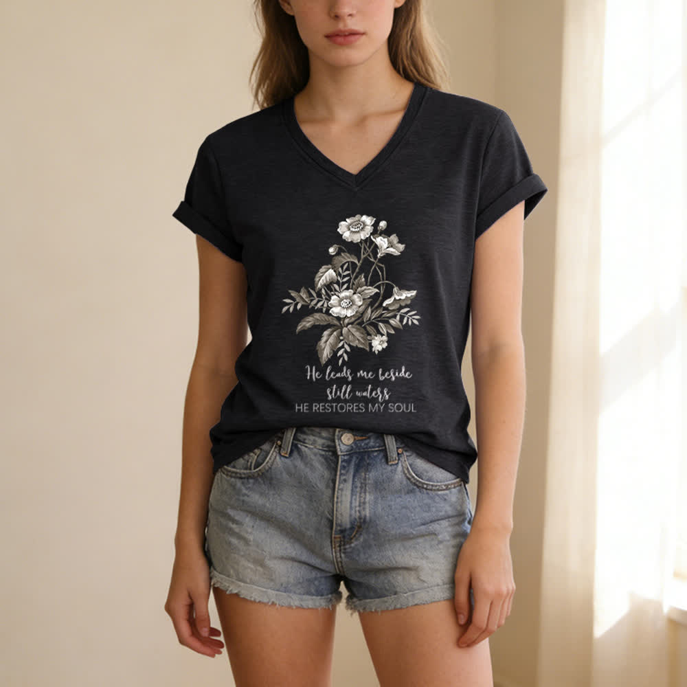 Christianartworkshop He Leads Me Beside Still Waters Floral Letter Print Casual V-neck T-shirt - image 15