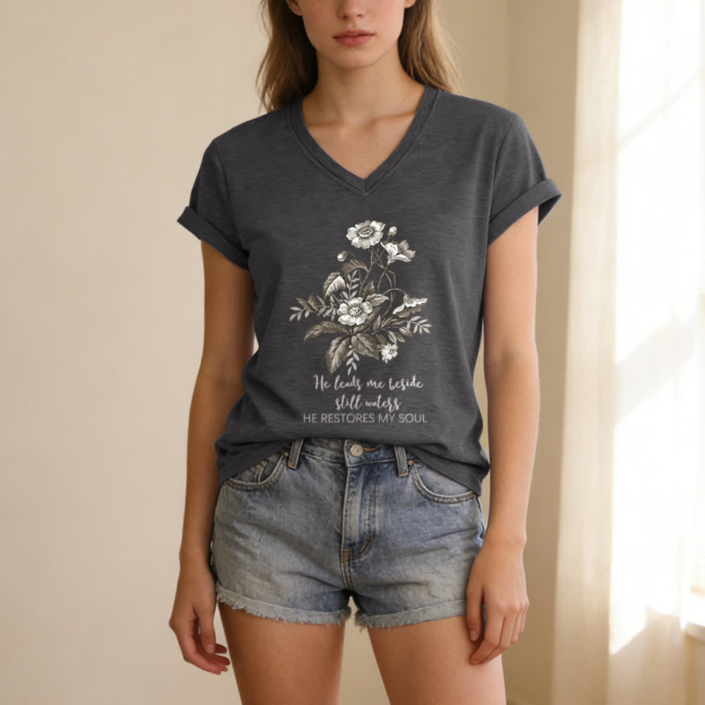 Christianartworkshop He Leads Me Beside Still Waters Floral Letter Print Casual V-neck T-shirt - image 7