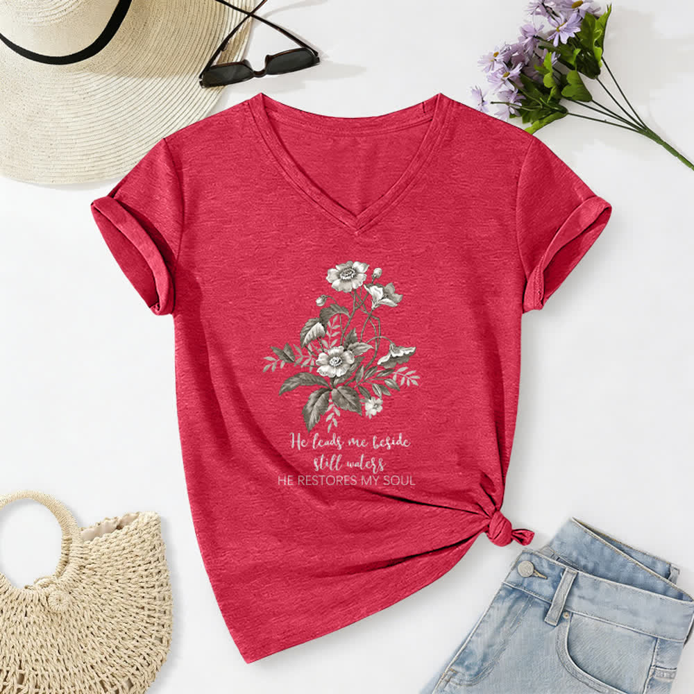 Christianartworkshop He Leads Me Beside Still Waters Floral Letter Print Casual V-neck T-shirt - Red - 2XL - image 16