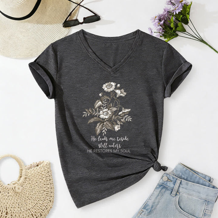 Christianartworkshop He Leads Me Beside Still Waters Floral Letter Print Casual V-neck T-shirt - Dark Grey - 2XL - image 6