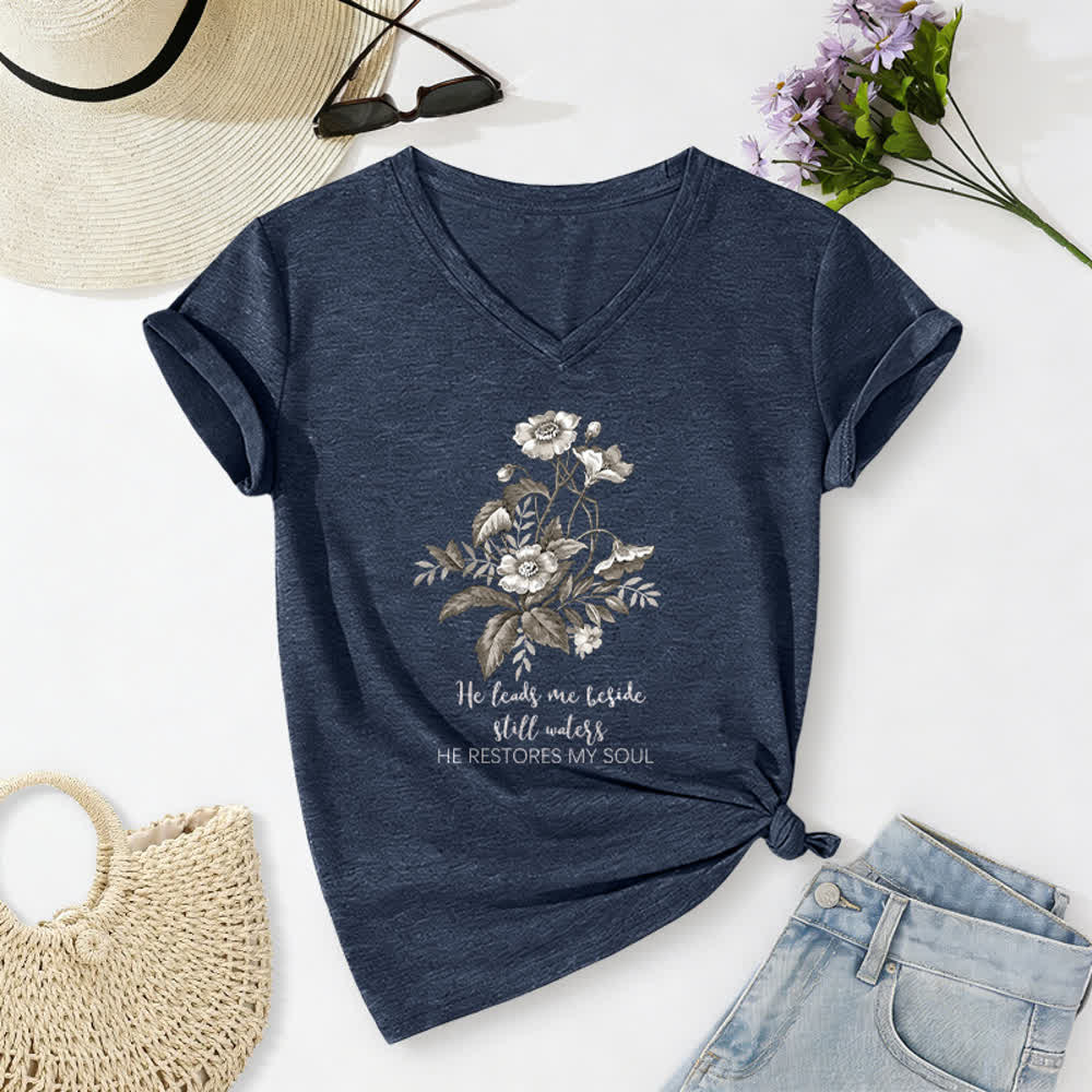 Christianartworkshop He Leads Me Beside Still Waters Floral Letter Print Casual V-neck T-shirt - Navy Blue - 2XL - image 10