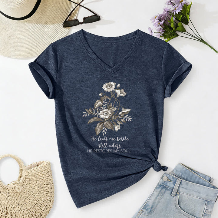 Christianartworkshop He Leads Me Beside Still Waters Floral Letter Print Casual V-neck T-shirt - Navy Blue - 2XL - image 10