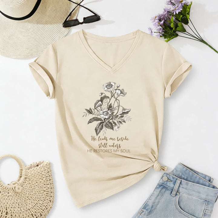 Christianartworkshop He Leads Me Beside Still Waters Floral Letter Print Casual V-neck T-shirt - Beige - 2XL - image 2