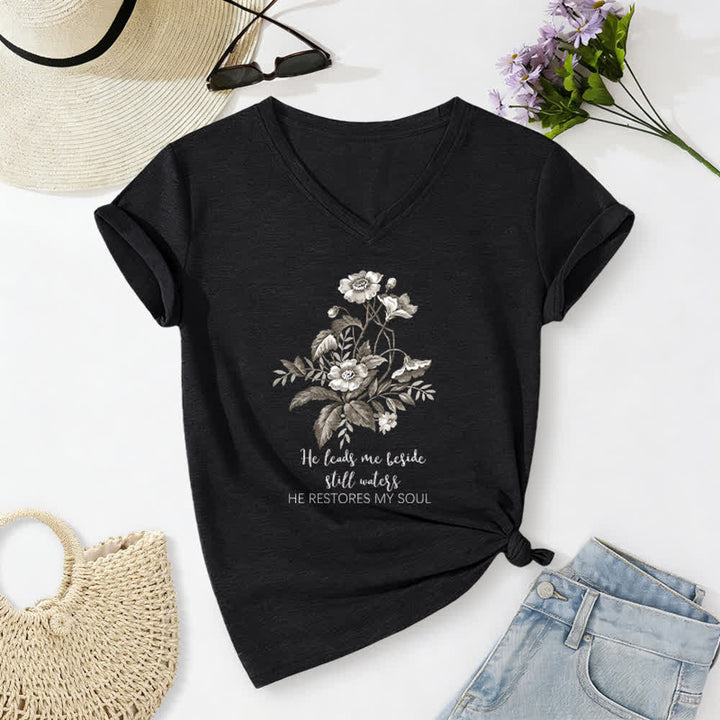 Christianartworkshop He Leads Me Beside Still Waters Floral Letter Print Casual V-neck T-shirt - Black - 2XL - image 14
