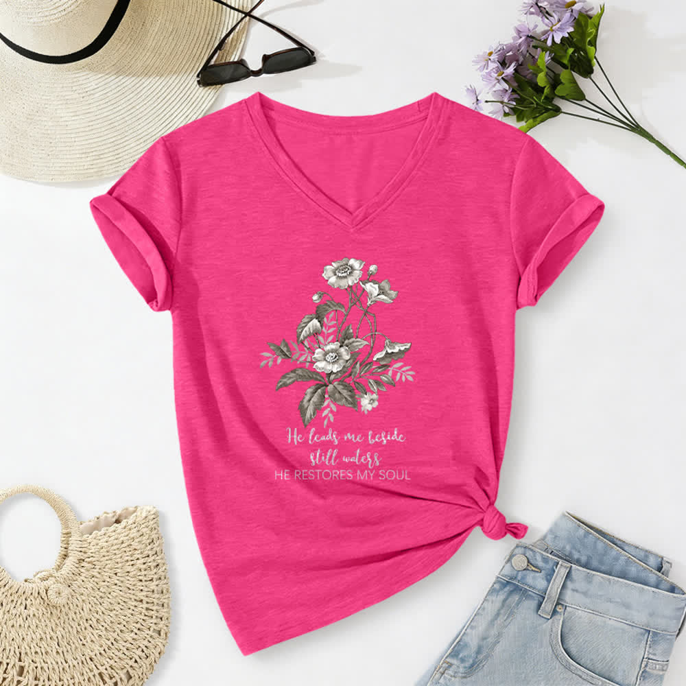 Christianartworkshop He Leads Me Beside Still Waters Floral Letter Print Casual V-neck T-shirt - Rose - 2XL - image 24