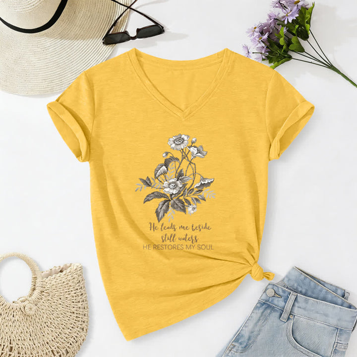 Christianartworkshop He Leads Me Beside Still Waters Floral Letter Print Casual V-neck T-shirt - Yellow - 2XL - image 0