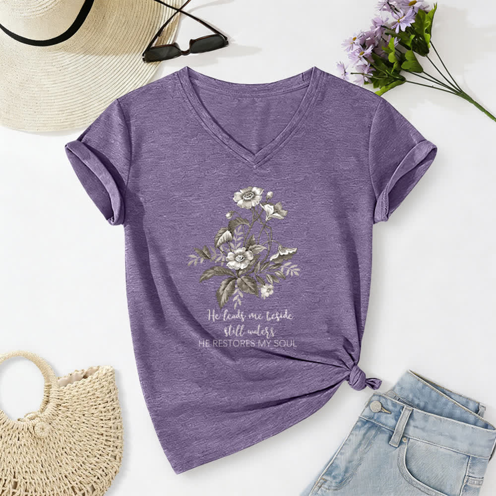 Christianartworkshop He Leads Me Beside Still Waters Floral Letter Print Casual V-neck T-shirt - Purple - 2XL - image 18