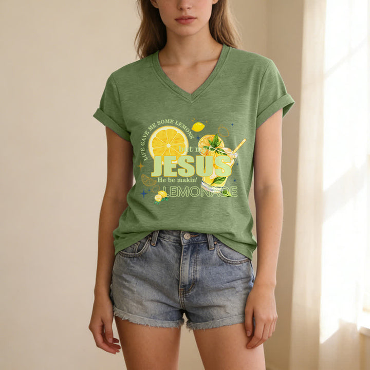 Christianartworkshop Life Gave Me Some Lemons But My Jesus He Be Makin' Lemonade Lemon Graphic Print Casual V-neck T-shirt - image 9