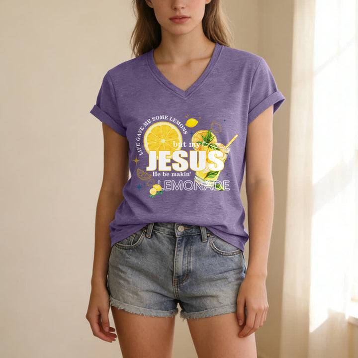 Christianartworkshop Life Gave Me Some Lemons But My Jesus He Be Makin' Lemonade Lemon Graphic Print Casual V-neck T-shirt - image 19