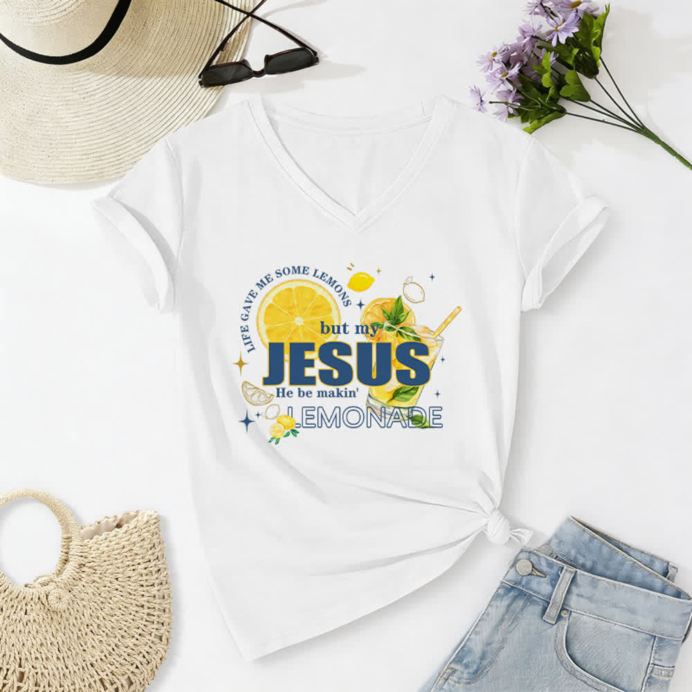 Christianartworkshop Life Gave Me Some Lemons But My Jesus He Be Makin' Lemonade Lemon Graphic Print Casual V-neck T-shirt - White - 2XL - image 4