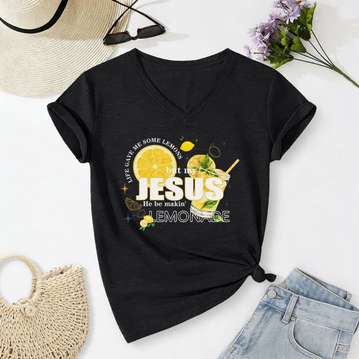 Christianartworkshop Life Gave Me Some Lemons But My Jesus He Be Makin' Lemonade Lemon Graphic Print Casual V-neck T-shirt - Black - 2XL - image 14