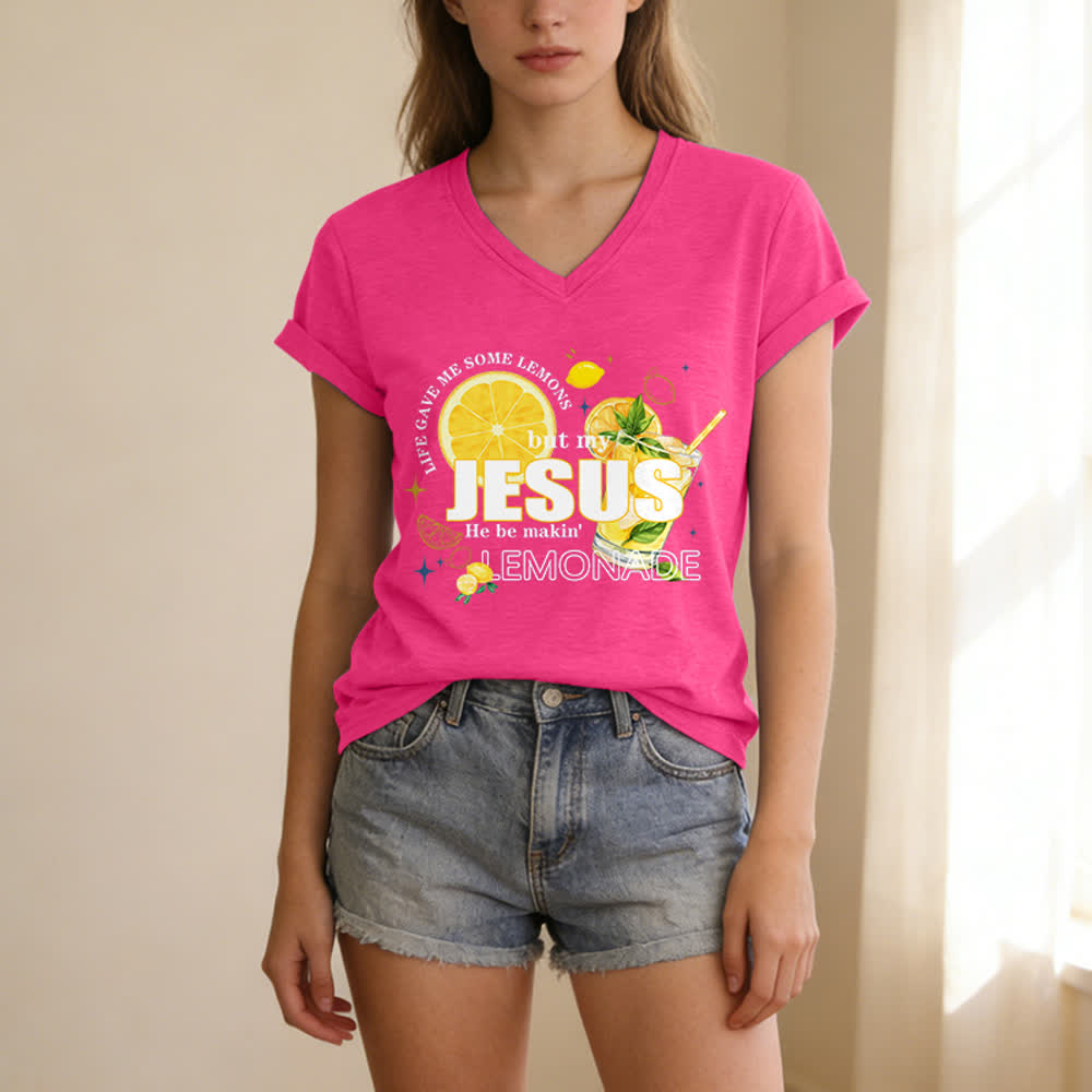 Christianartworkshop Life Gave Me Some Lemons But My Jesus He Be Makin' Lemonade Lemon Graphic Print Casual V-neck T-shirt - image 23