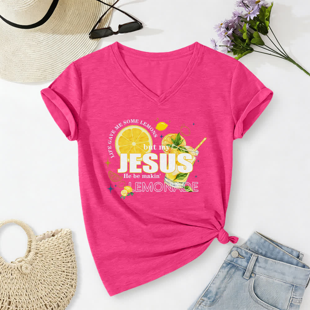 Christianartworkshop Life Gave Me Some Lemons But My Jesus He Be Makin' Lemonade Lemon Graphic Print Casual V-neck T-shirt - Rose - 2XL - image 22
